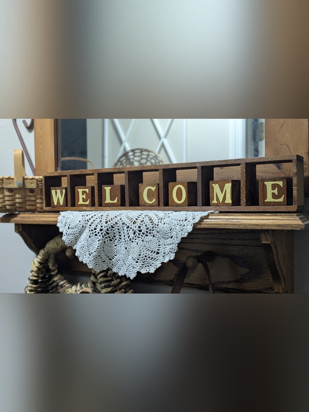 Country Welcome Block Shelf Décor - Rustic Brown with Yellow Letters